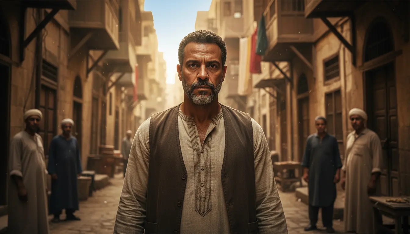 بطل شعبي تخيلي يقف في حارة مصرية قديمة بأجواء درامية تعكس شخصية فهد البطل في دراما رمضان 2026.