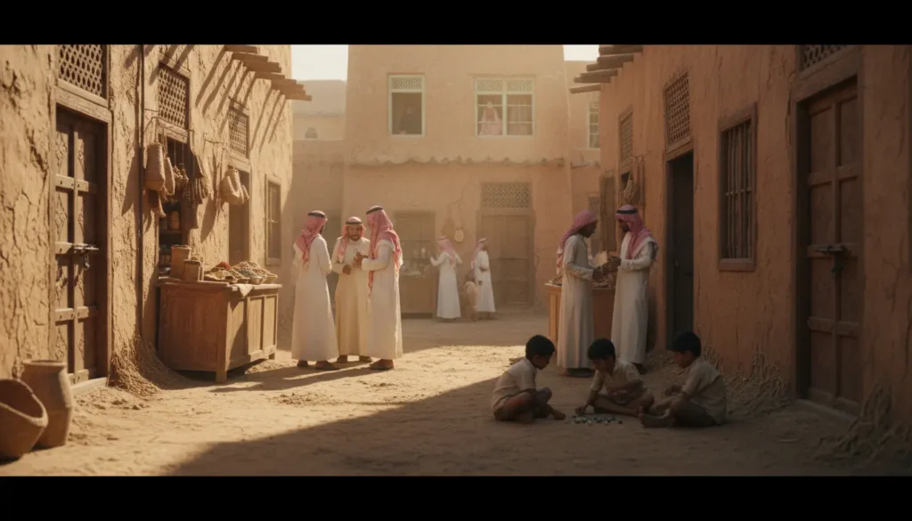 شارع سعودي قديم في حي شعبي بالرياض بأجواء درامية تعكس الحياة الاجتماعية في مسلسل شارع الأعشى السعودية.