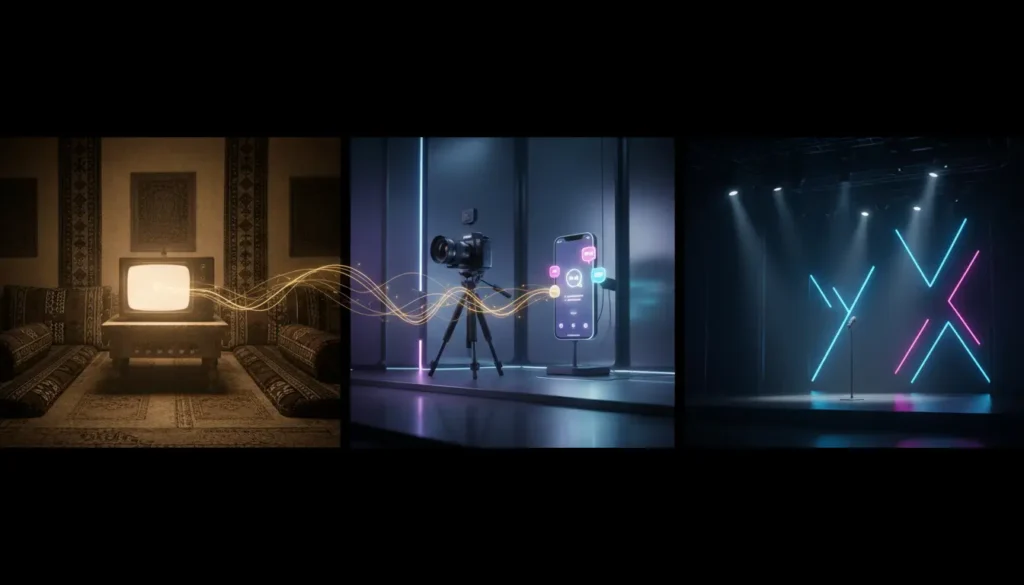 مشهد رمزي يوضح تطور الكوميديا السعودية من شاشة التلفزيون إلى اليوتيوب والسينما الحديثة بأسلوب فني تحليلي