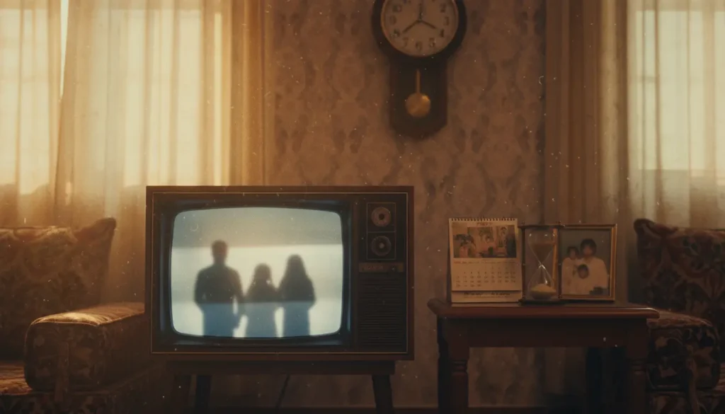 غرفة معيشة سعودية قديمة تضم تلفزيون كلاسيكي وعناصر ترمز للزمن والدراما في مسلسل أصابع الزمن