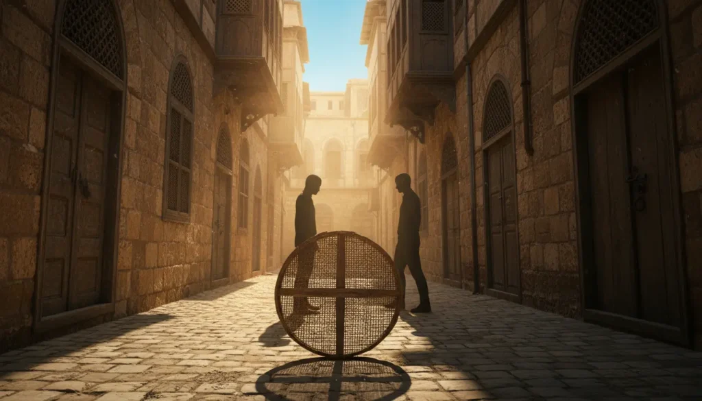 حارة شامية قديمة مع غربال رمزي يعكس الصراع بين الخير والشر في مسلسل الغربال