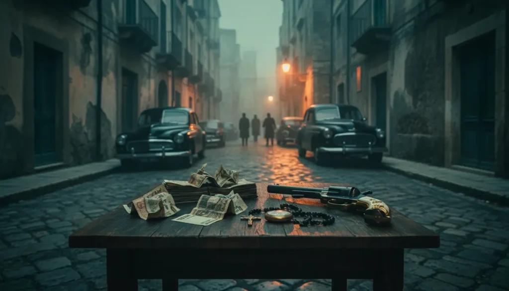 صورة رمزية لعالم المافيا الإيطالية تظهر شوارع قديمة وعناصر الجريمة المنظمة في أجواء درامية