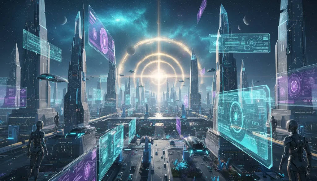 صورة خيال علمي لمدينة مستقبلية متطورة ومركبات طائرة تعبر عن مسلسلات الخيال العلمي الأمريكية الحديثة