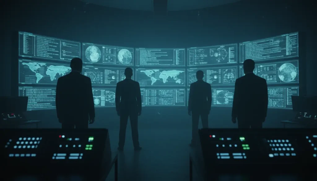 صورة لغرفة عمليات استخباراتية سرية وشاشات مراقبة تعبر عن مسلسلات المخابرات والجاسوسية الحديثة