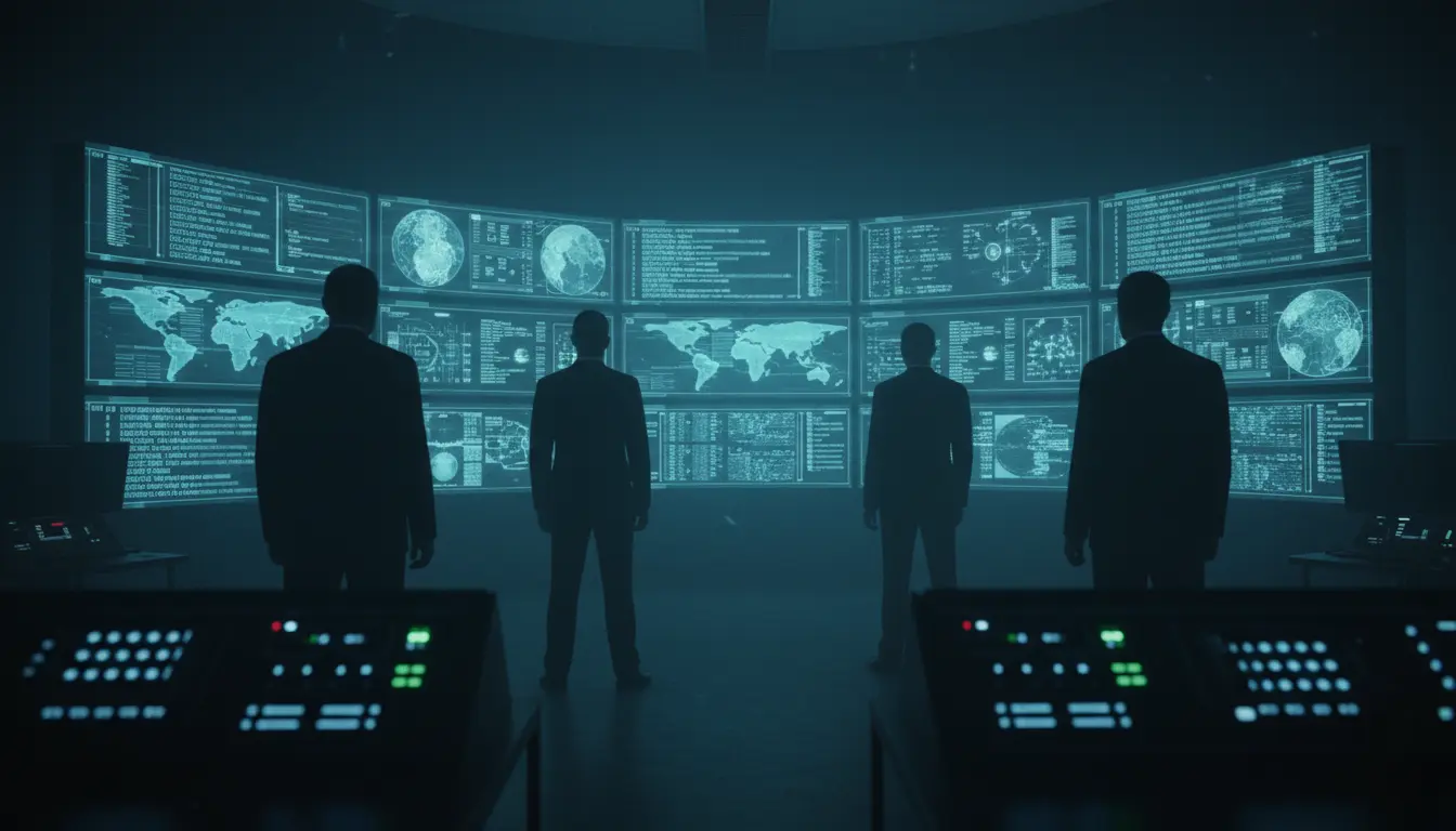 صورة لغرفة عمليات استخباراتية سرية وشاشات مراقبة تعبر عن مسلسلات المخابرات والجاسوسية الحديثة