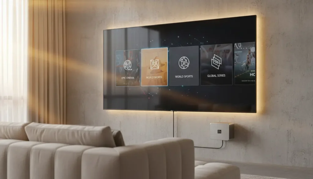 جهاز TV Box متصل بتلفاز ذكي يعرض واجهة تطبيق بث لمشاهدة القنوات والأفلام بجودة عالية