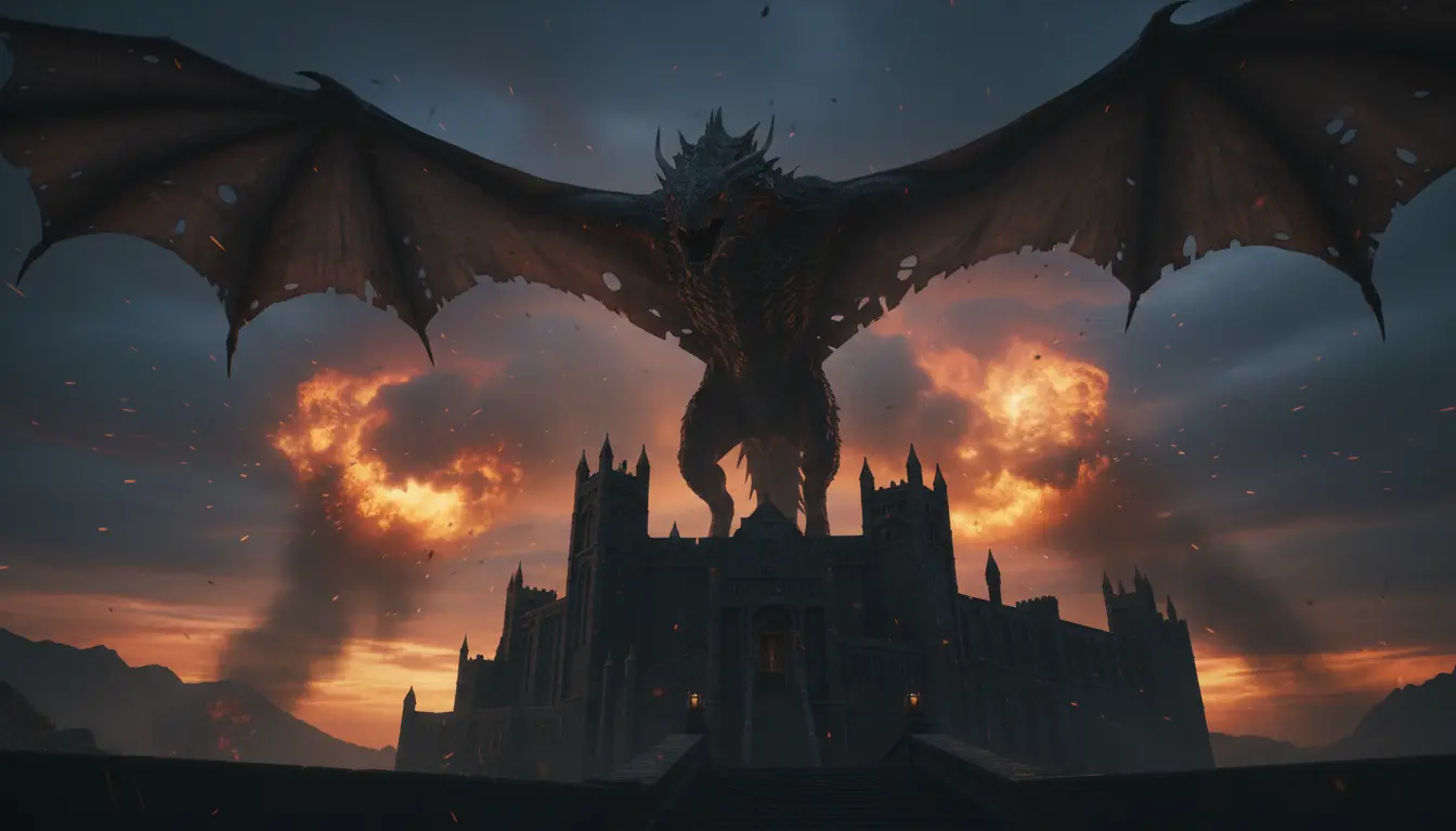تنين يحلق فوق قلعة في عالم ويستروس ضمن أجواء ملحمية تعكس أحداث الموسم الثالث من مسلسل House of the Dragon