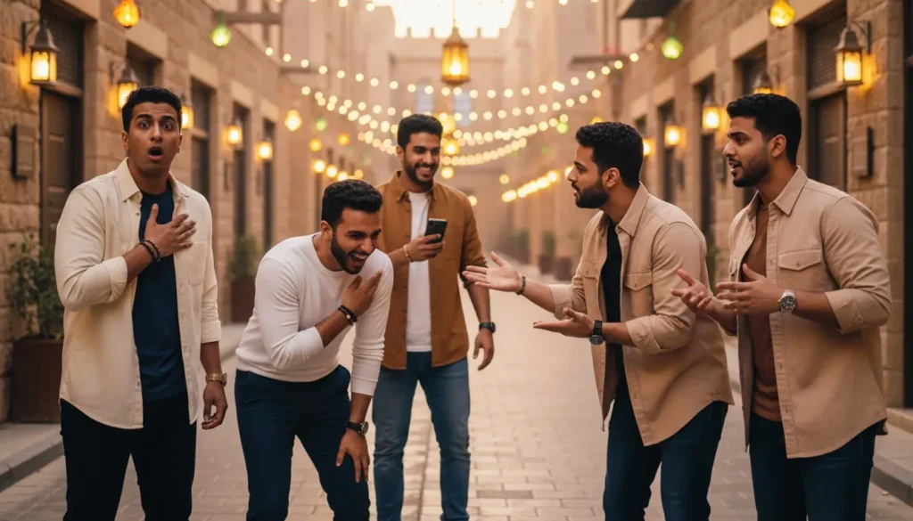 مشهد من مسلسل كوميدي سعودي شبابي تدور أحداثه في حارة شعبية خلال شهر رمضان