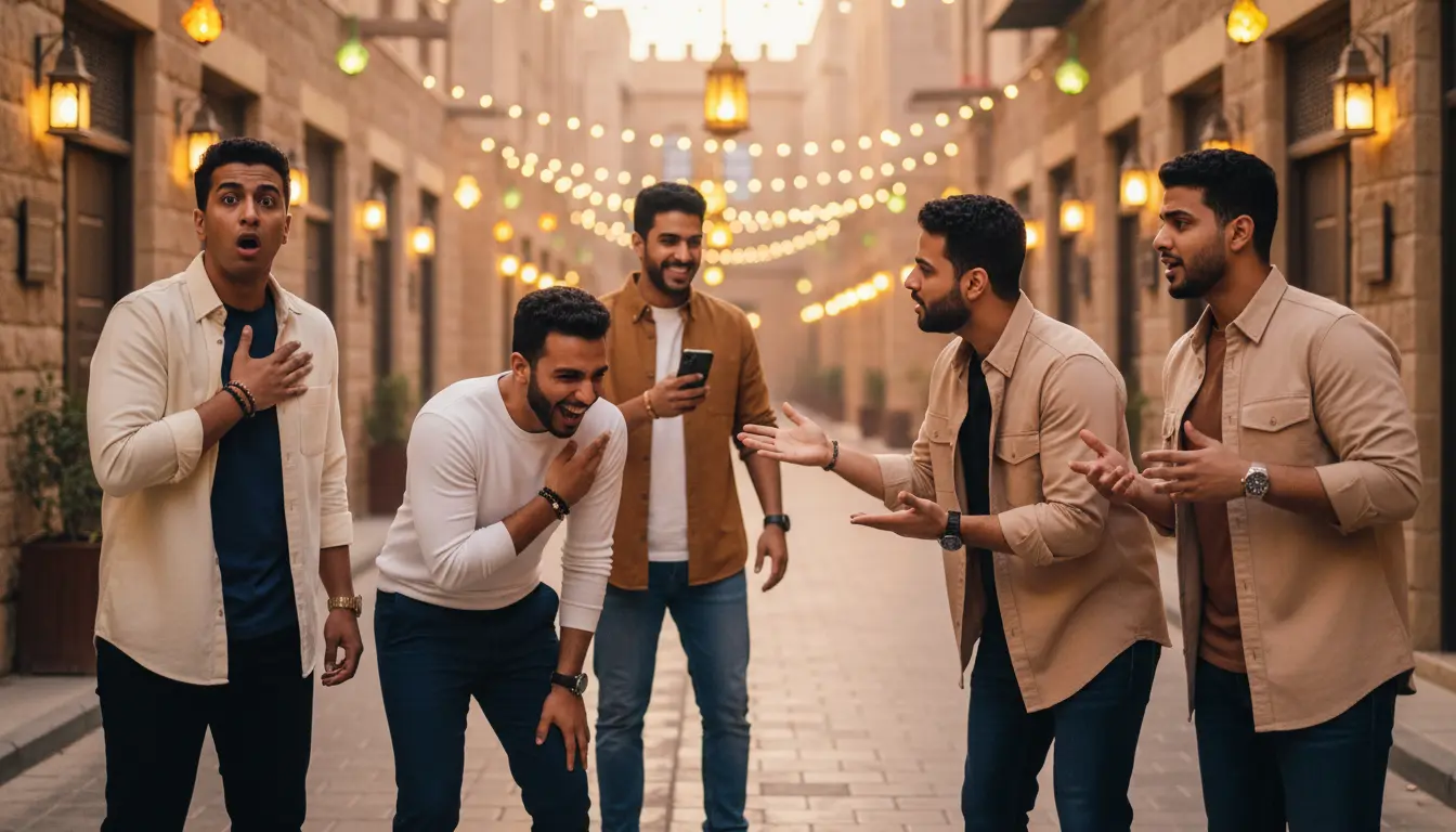 مشهد من مسلسل كوميدي سعودي شبابي تدور أحداثه في حارة شعبية خلال شهر رمضان
