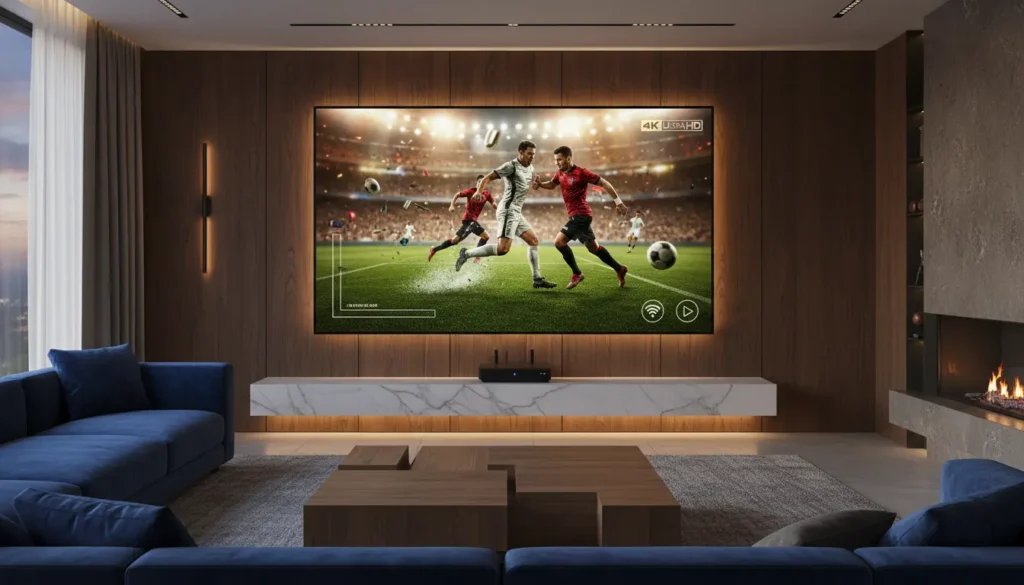 عرض مباراة كرة قدم حماسية على شاشة تلفاز ذكية باستخدام أندرويد بوكس، مع لاعبين بشريين خياليين وأجواء رياضية نابضة بالألوان.