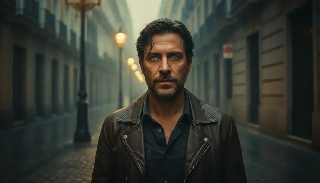 مشهد درامي سينمائي من المسلسلات الإسبانية الجديدة يعكس الغموض والدراما الأوروبية