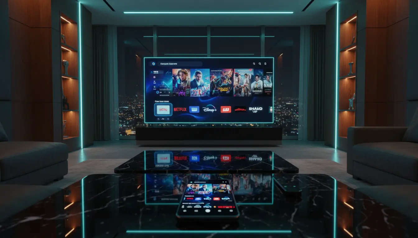 صورة سينمائية تعبر عن أفضل تطبيقات المشاهدة العالمية المتوافقة مع أجهزة الأندرويد وتجربة الترفيه الرقمي الحديثة