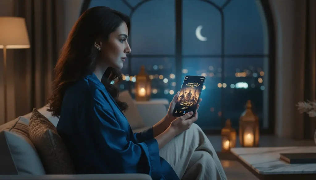 شخص يستخدم الهاتف لمشاهدة مسلسلات رمضان 2026، مع واجهة تطبيقات البث والدراما العربية في أجواء رمضانية دافئة.