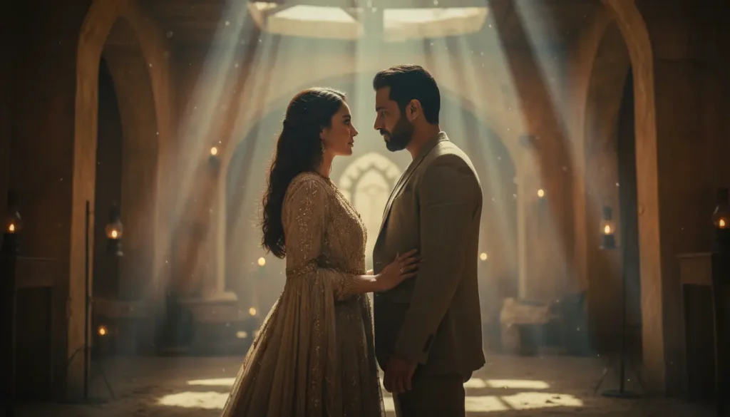 مشهد رومانسي لمتابعة مسلسلات رمضان 2026 يظهر أزواج عرب في لحظات عاطفية دافئة وسط أجواء رمضانية.
