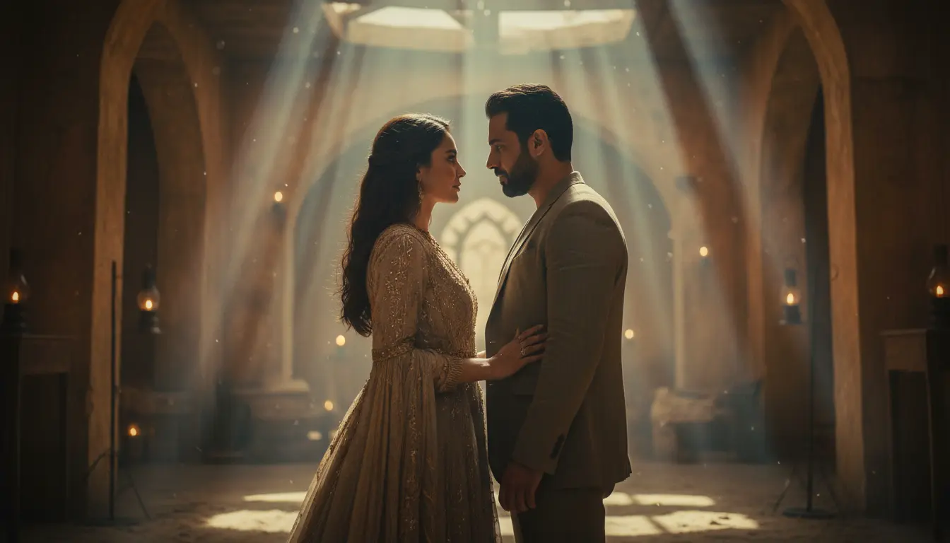 مشهد رومانسي لمتابعة مسلسلات رمضان 2026 يظهر أزواج عرب في لحظات عاطفية دافئة وسط أجواء رمضانية.
