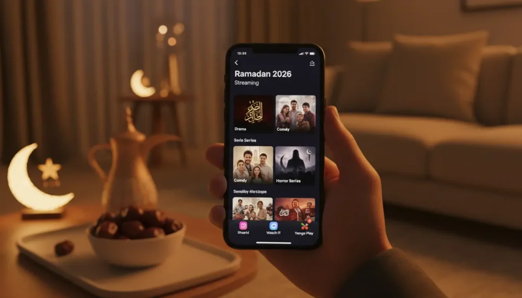 شخص يستخدم هاتف لمتابعة مسلسلات رمضان 2026 عبر تطبيقات Shahid وWatch IT وYango Play، يظهر واجهة التطبيقات والأيقونات وسط أجواء منزلية أو مقهى، بجودة واقعية وواجهة جذابة