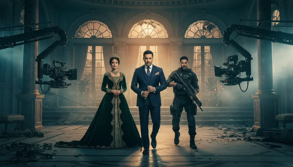 مشهد يظهر أبرز نجوم أغلى مسلسلات رمضان 2026 مثل مي عمر ومحمد رمضان وأمير كرارة، مع ديكورات فخمة ومؤثرات بصرية عالية الجودة 4K، يعكس الإنتاج الضخم والفخامة السينمائية