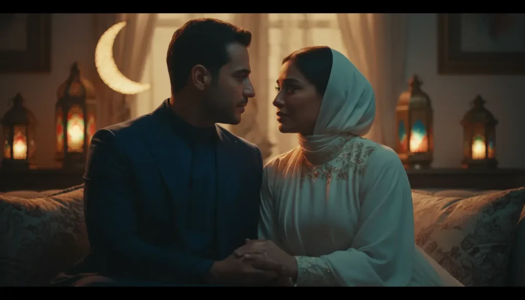 ثنائي رومانسي من مسلسلات رمضان 2026، يظهر ياسمين عبدالعزيز وكريم فهمي أو منة شلبي وإياد نصار في لحظة عاطفية دافئة، مع إضاءة هادئة وخلفية رمضانية، يعكس دفء المشاعر والحميمية