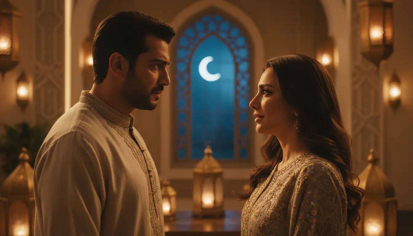 نجوم مسلسلات رمضان 2026 في مشهد تمثيلي ديناميكي مع خلفية رمضانية مزينة بالفوانيس والهلال، ألوان دافئة وتعابير وجه واضحة