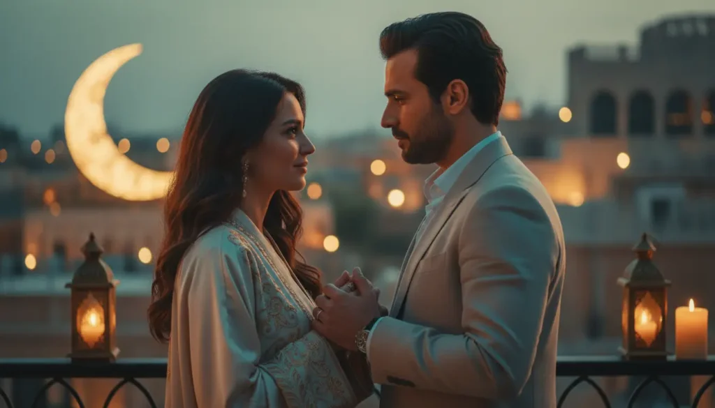 ثنائي رومانسي من مسلسلات رمضان 2026 في مشهد هادئ مع خلفية رمضانية مزينة بالفوانيس والهلال، ألوان دافئة وتفاصيل دقيقة للملابس والديكور
