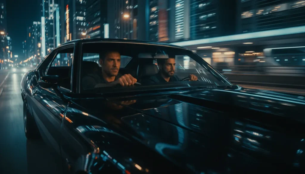 بطلان في مشهد مطاردة سيارة في شوارع حضرية ليلية من مسلسلات الأكشن الرمضانية 2026، ألوان قوية وحركة ديناميكية بدون عنف مفرط