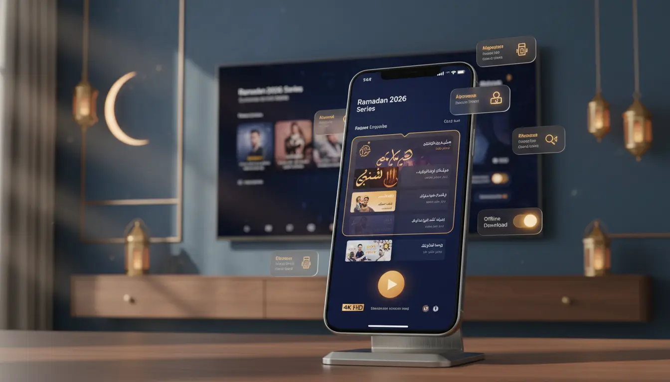 هاتف ذكي وشاشة تلفاز تعرضان تطبيق لمتابعة مسلسلات رمضان 2026 مع ميزات 4K وإشعارات فورية وخاصية التحميل