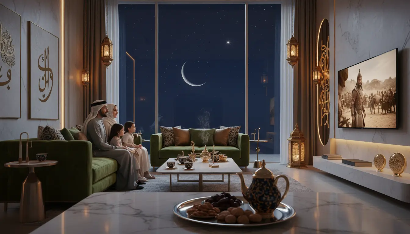 عائلة عربية تشاهد مسلسلات رمضان على شاشة ذكية في أجواء رمضانية دافئة مع فوانيس وهلال مضيء