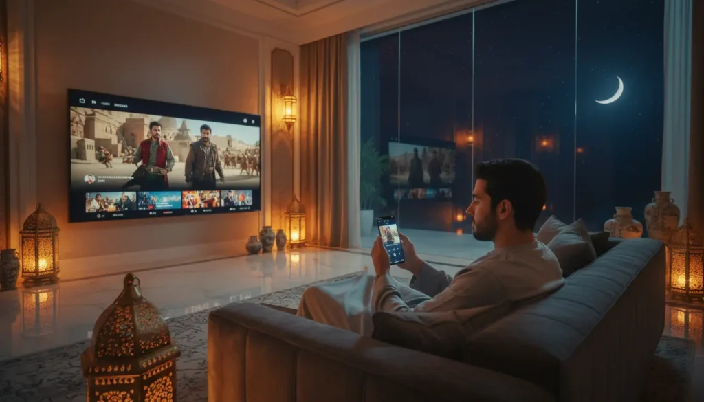 شاب يشاهد مسلسلات رمضان بث مباشر عبر تطبيق على الهاتف داخل غرفة معيشة بأجواء رمضانية دافئة