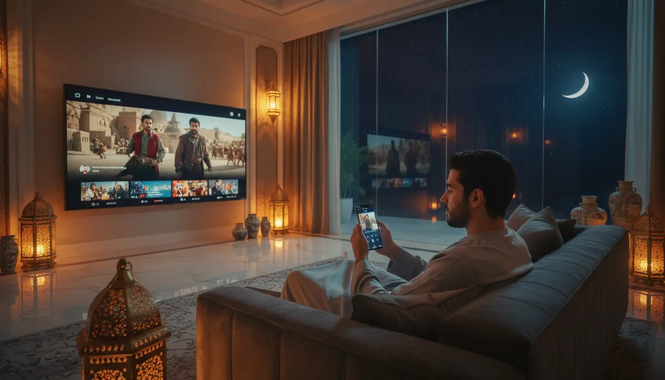 شاب يشاهد مسلسلات رمضان بث مباشر عبر تطبيق على الهاتف داخل غرفة معيشة بأجواء رمضانية دافئة
