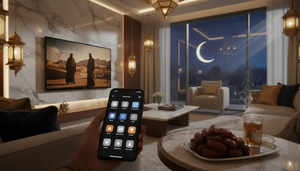 شخص يستخدم تطبيق لمتابعة جدول مسلسلات رمضان 2026 على الهاتف داخل منزل بأجواء رمضانية دافئة