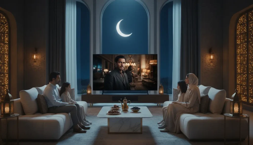 عائلة عربية تشاهد مسلسلات رمضان 2026 أونلاين بجودة HD على شاشة ذكية داخل منزل مزين بديكورات رمضانية