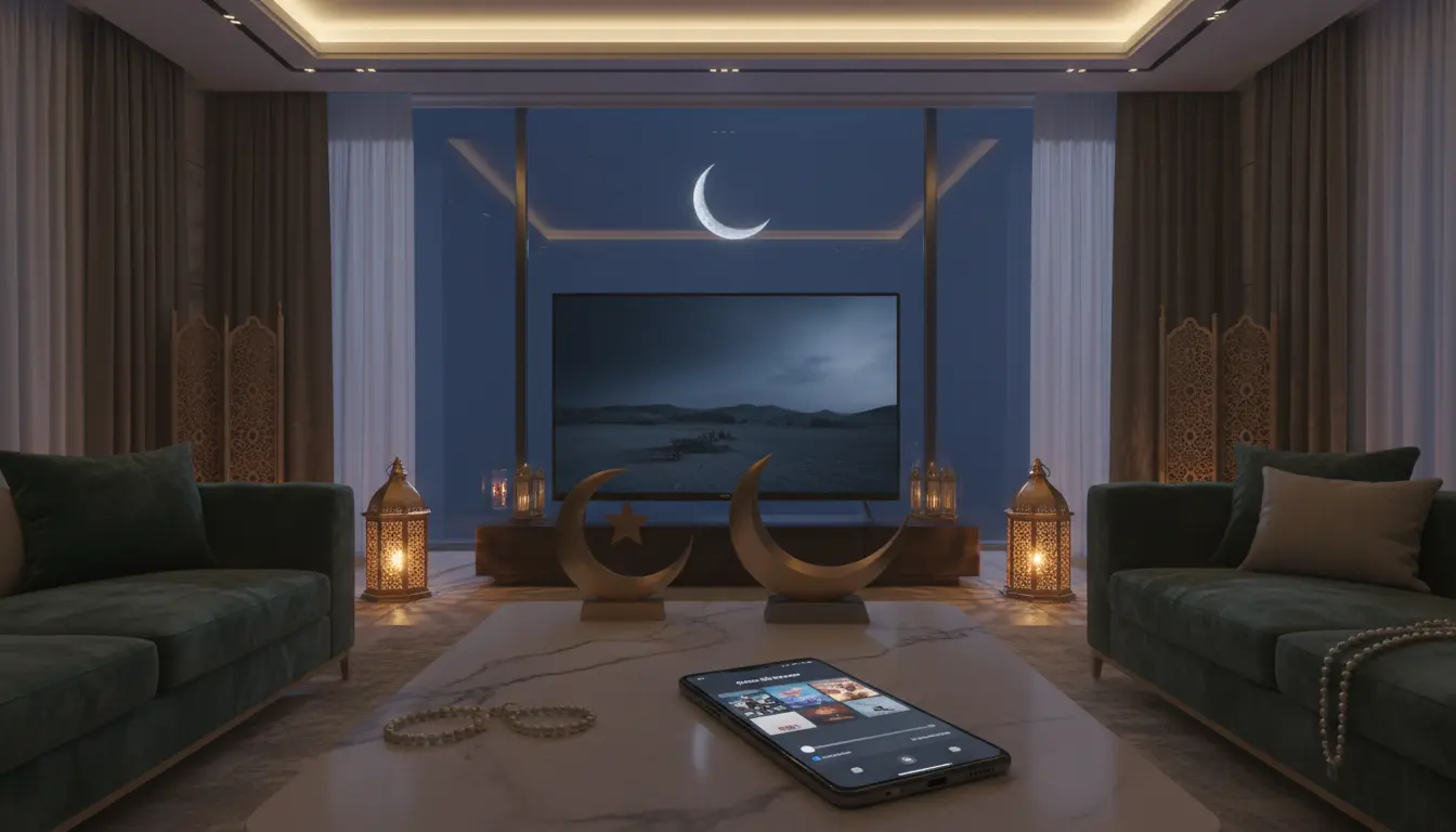 شاشة ذكية تعرض مسلسل رمضاني بجودة عالية بدون تقطيع داخل غرفة معيشة مزينة بديكورات رمضانية دافئة
