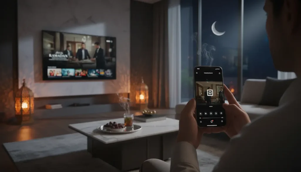 شخص يشاهد حلقة جديدة من مسلسل رمضاني عبر تطبيق بث على الهاتف داخل غرفة معيشة بأجواء رمضانية دافئة