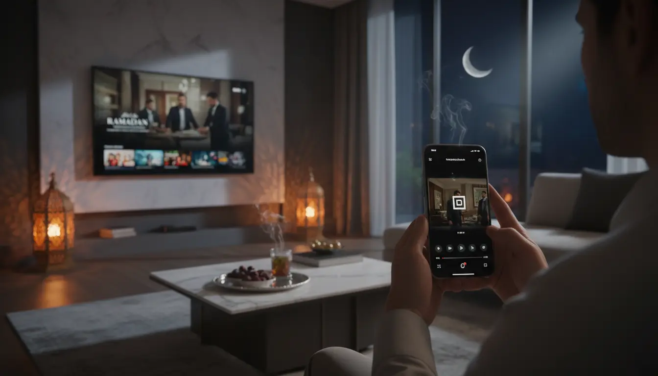 شخص يشاهد حلقة جديدة من مسلسل رمضاني عبر تطبيق بث على الهاتف داخل غرفة معيشة بأجواء رمضانية دافئة