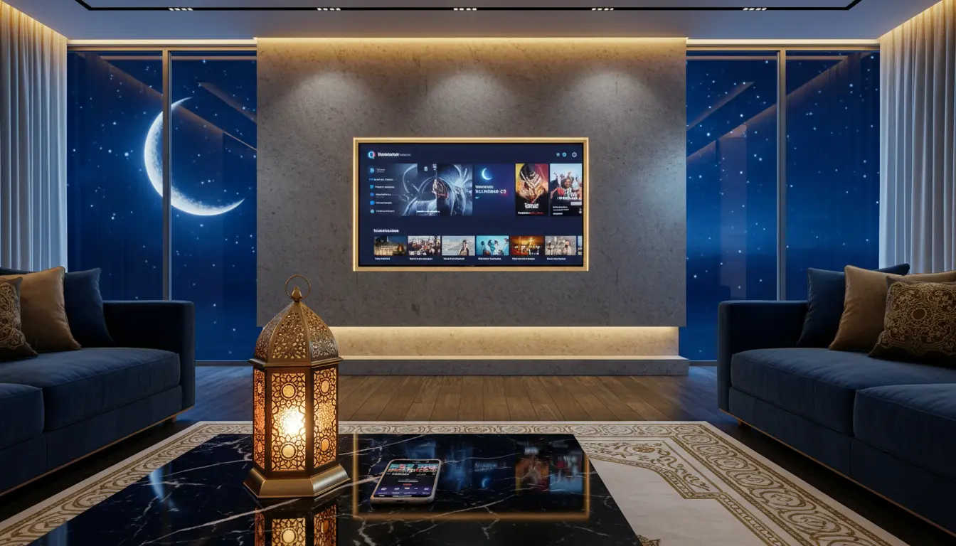 مشاهدة مسلسلات رمضان 2026 عبر تطبيق بث رقمي بجودة 4K داخل منزل عربي بإضاءة رمضانية دافئة