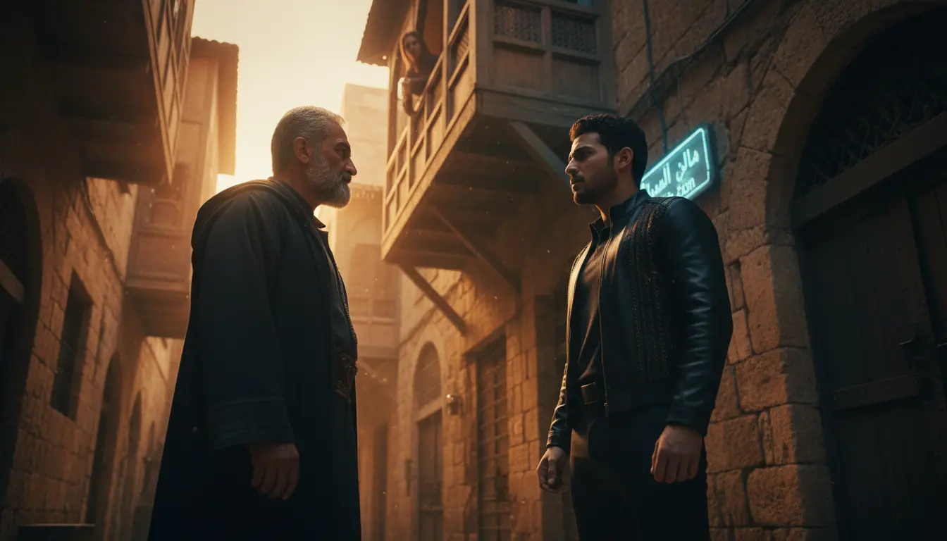 مشهد درامي في حارة شعبية عند الغروب يعكس أجواء مسلسل شوارع الحارة 2 بجودة عالية