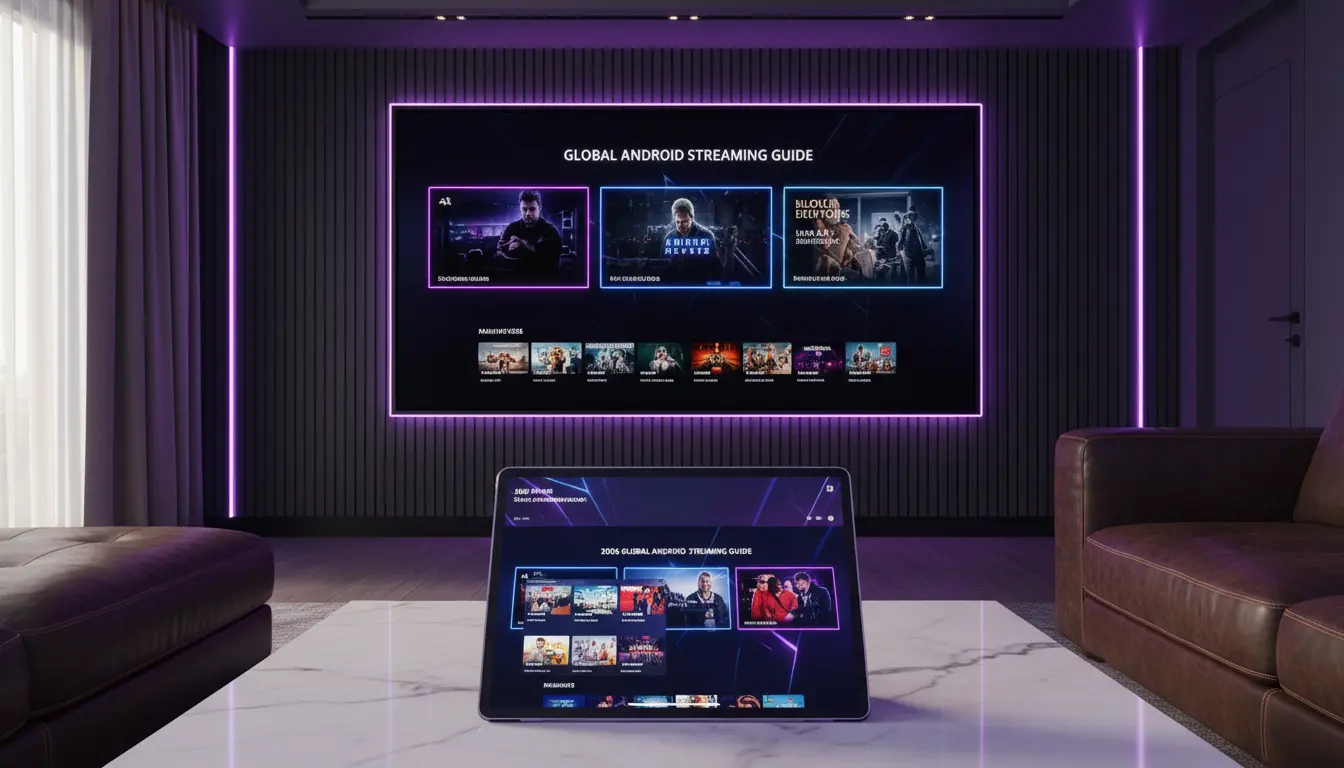 شاشة أندرويد تعرض تطبيقات المشاهدة العالمية 2026 بدقة 4K، واجهة مستخدم تفاعلية وجذابة