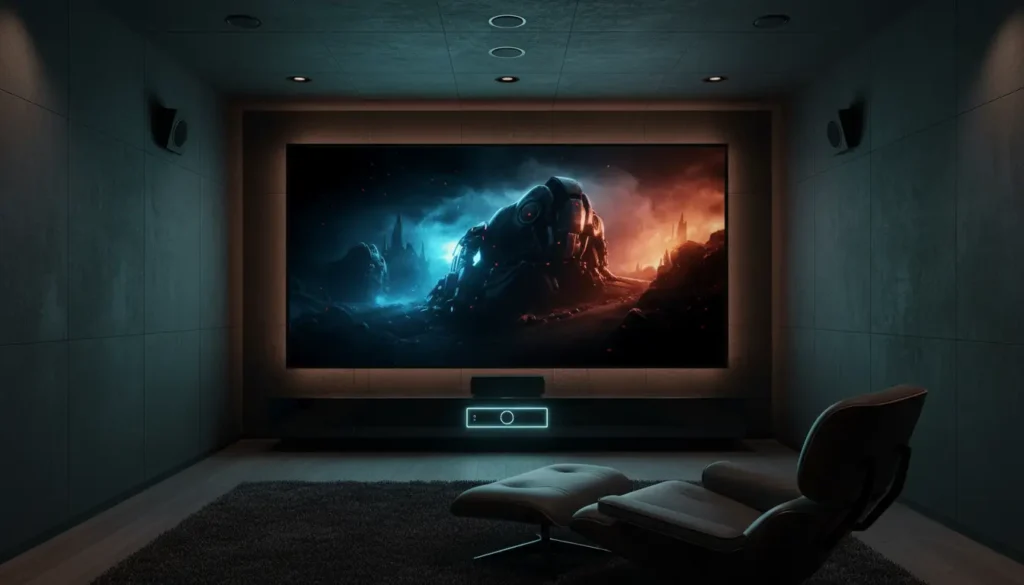 غرفة منزلية حديثة لمشاهدة المسلسلات بدقة 4K HDR مع نظام صوت Dolby Atmos