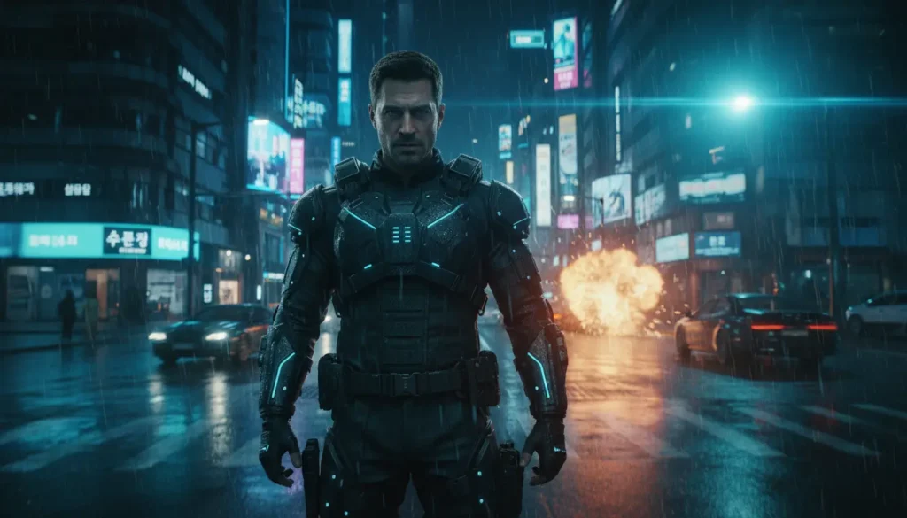 شاشة تلفاز تعرض قائمة مسلسلات نتفلكس اكشن 2026 مترجمة بجودة فائقة وإضاءة نيون مستقبلية