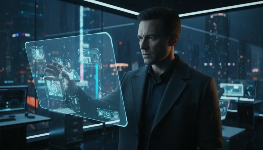 مشهد سينمائي مظلم لغرفة تحقيق تحتوي على لوحة أدلة وصور جرائم وخيوط حمراء مع كمبيوتر يعرض بيانات التحقيق في أجواء بوليسية غامضة