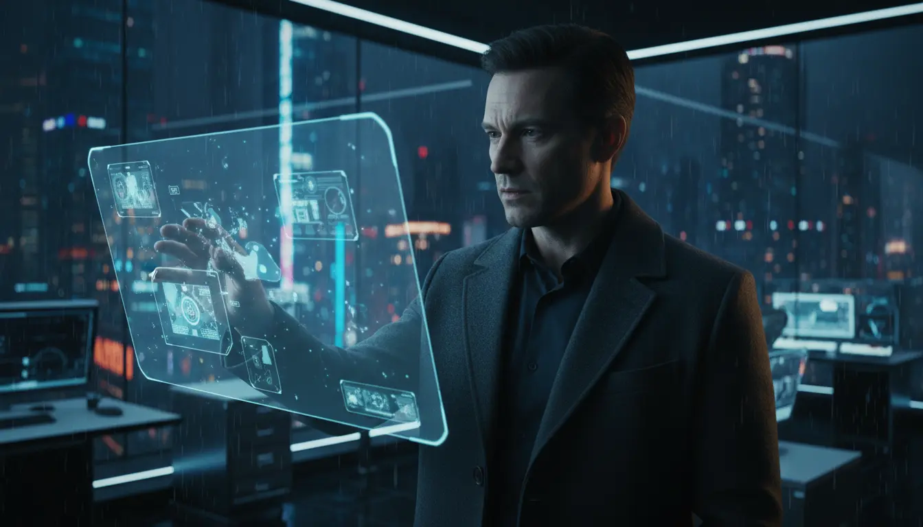 مشهد سينمائي مظلم لغرفة تحقيق تحتوي على لوحة أدلة وصور جرائم وخيوط حمراء مع كمبيوتر يعرض بيانات التحقيق في أجواء بوليسية غامضة