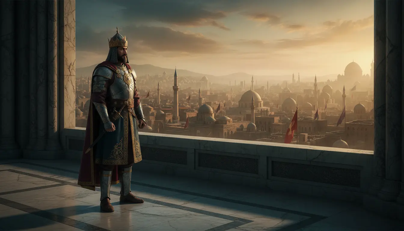 مشهد ملحمي تاريخي يظهر قلعة قديمة وأعلام وجنود في الخلفية مع دروع وسيوف في مقدمة الصورة يعكس أجواء المسلسلات التاريخية