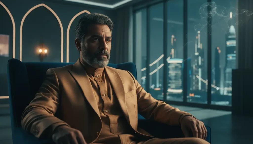 صورة بوستر درامي يعرض أجواء المسلسلات العربية الحديثة مع خلفية مدينة عربية وشاشة تعرض واجهة منصة بث للمسلسلات