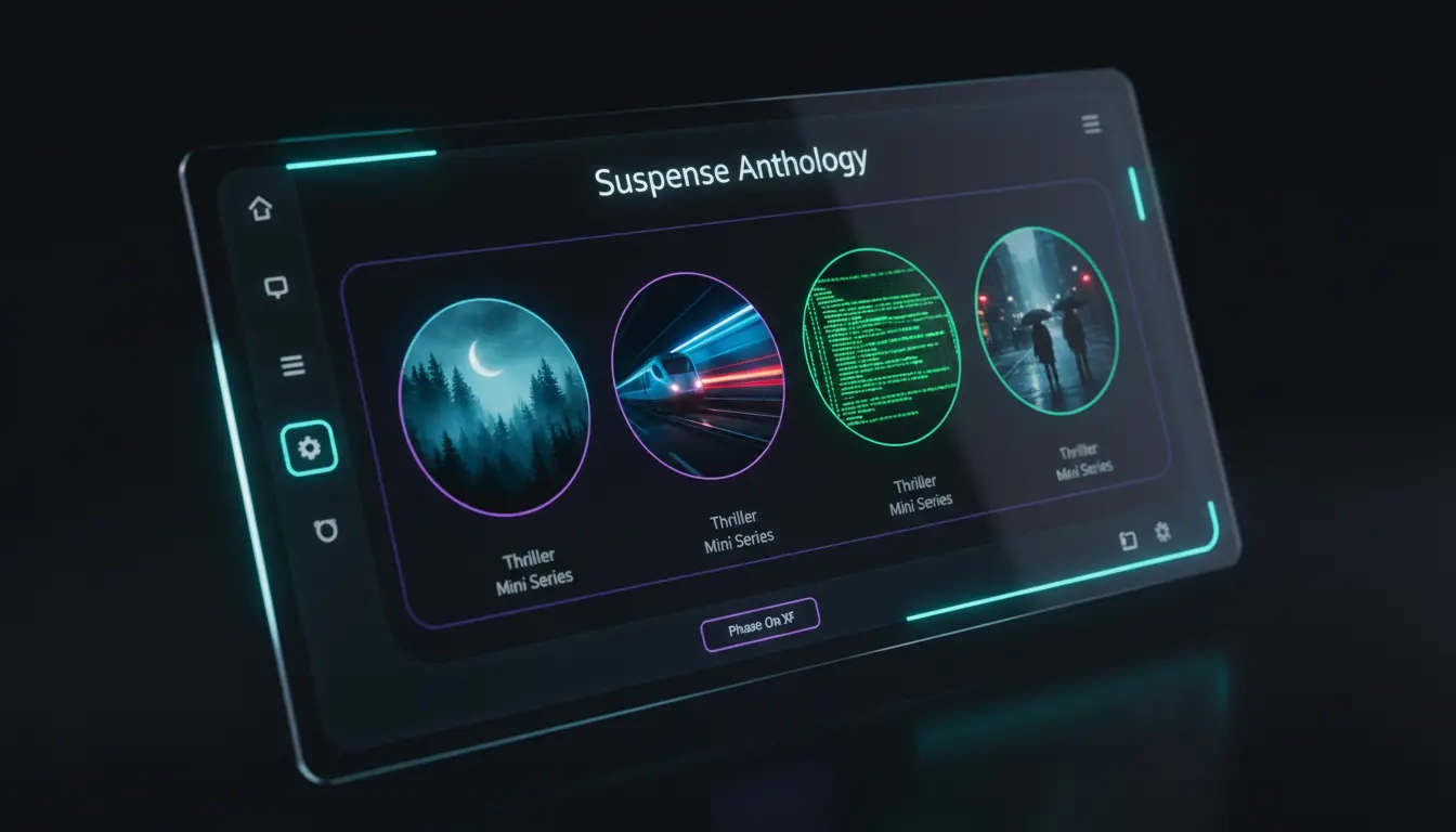 واجهة منصة بث رقمية تعرض مجموعة من المسلسلات الأجنبية القصيرة المليئة بالتشويق والغموض مع مشاهد ليلية وواجهات تقنية