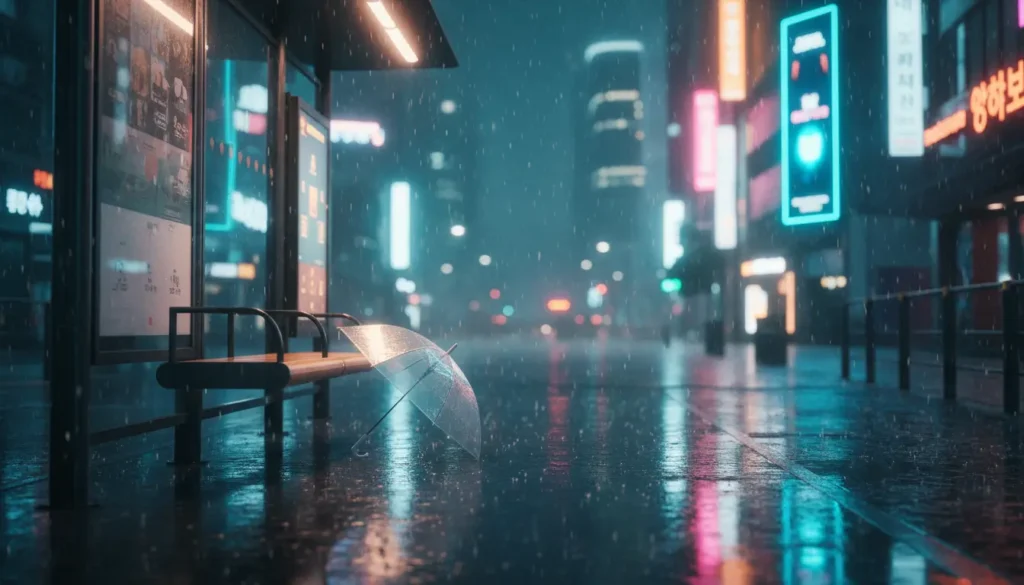 مشهد ليلي في مدينة سيول بأضواء نيون وانعكاسات المطر يعكس أجواء الدراما الكورية الحديثة المليئة بالرومانسية والغموض