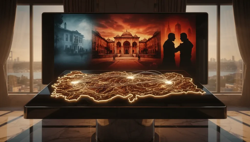 خريطة فنية لتركيا مع نقاط مضيئة في إسطنبول وكابادوكيا وشاشة تعرض مشاهد درامية من المسلسلات التركية الحديثة