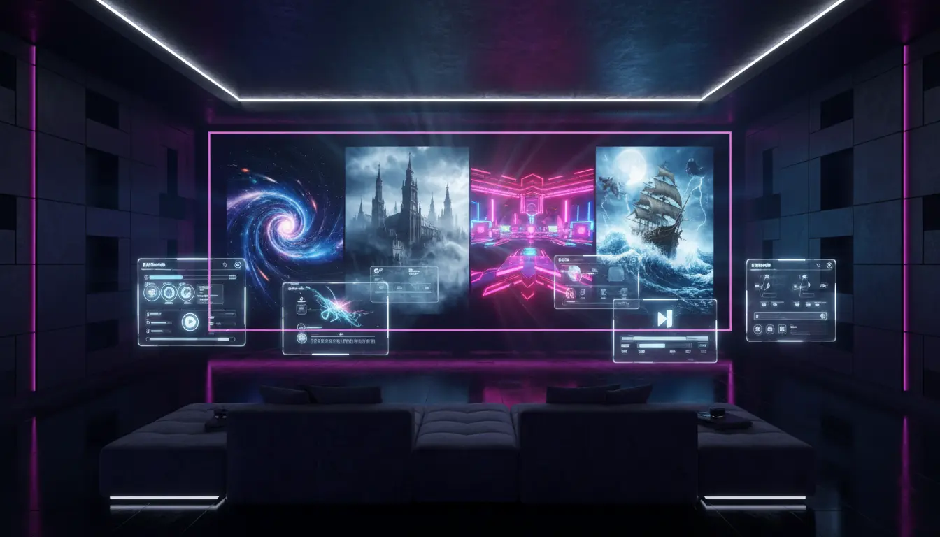 غرفة سينما منزلية حديثة مع شاشة ذكية كبيرة تعرض مشاهد متنوعة من مسلسلات الخيال العلمي والغموض والأكشن على منصة بث رقمية