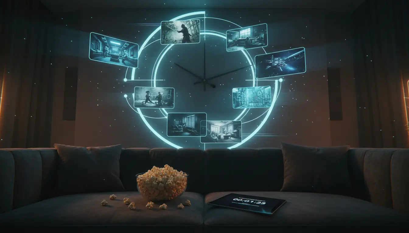 تصميم إبداعي لساعة تتحول إلى خط زمني لحلقات مسلسل قصير مع مشاهد من الخيال العلمي والدراما والغموض ترمز لمشاهدة مسلسل كامل خلال عطلة نهاية الأسبوع