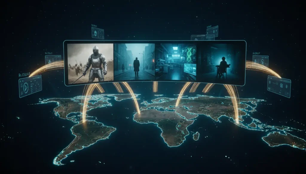 كرة أرضية رقمية تحيط بها مشاهد درامية من مسلسلات عالمية مثل الفانتازيا والتحقيق والجاسوسية تمثل انتشار الدراما الأجنبية الجديدة