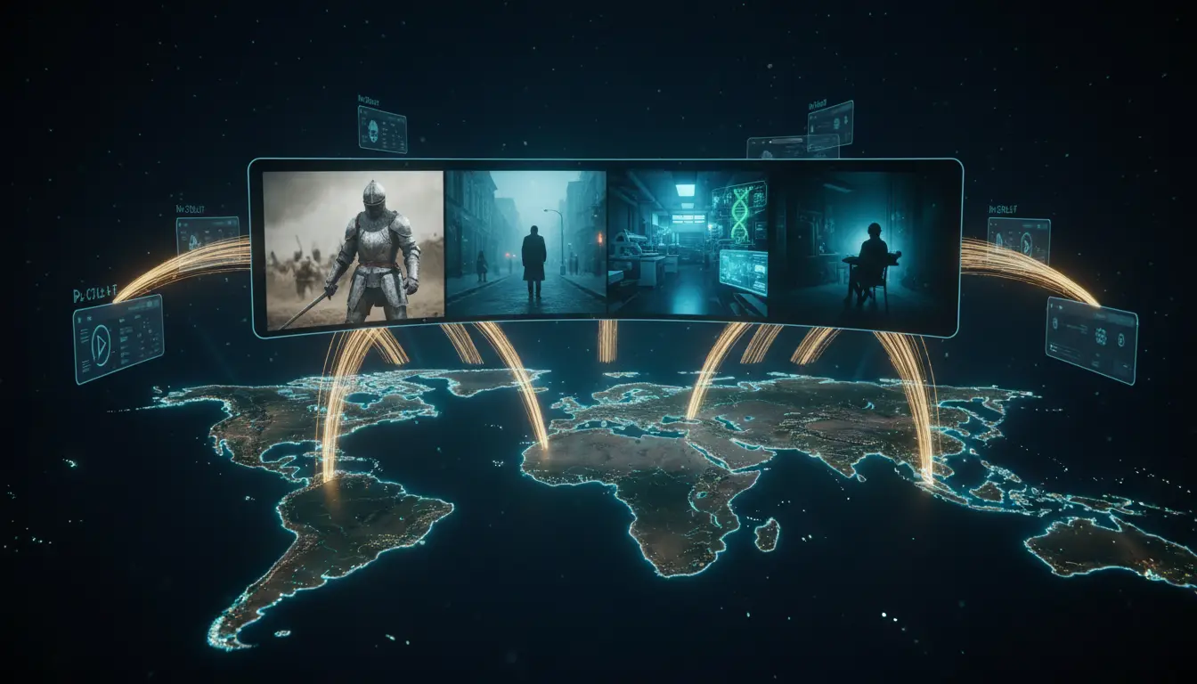 كرة أرضية رقمية تحيط بها مشاهد درامية من مسلسلات عالمية مثل الفانتازيا والتحقيق والجاسوسية تمثل انتشار الدراما الأجنبية الجديدة